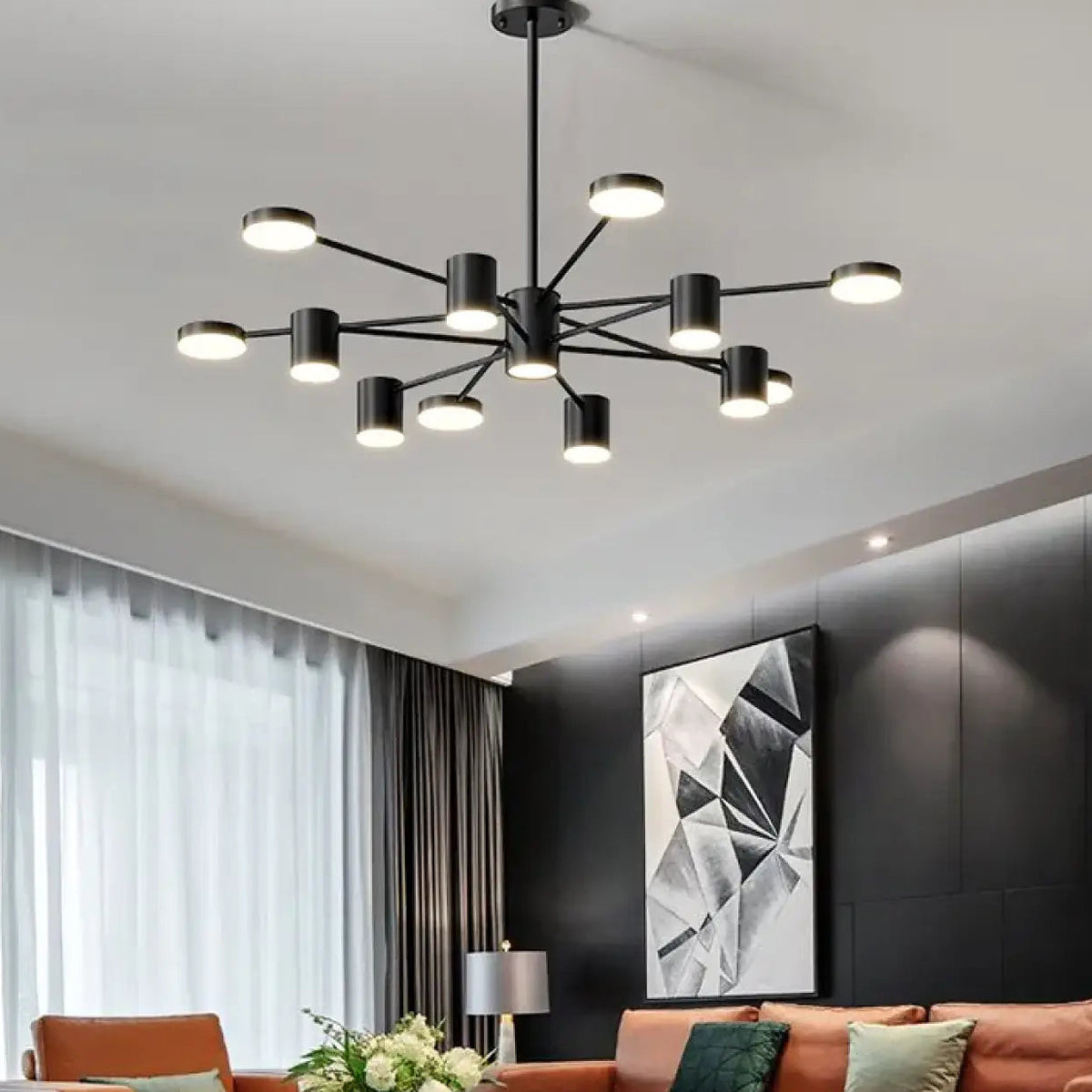 Lustre noir nordique à bras multiples, tailles S à XL