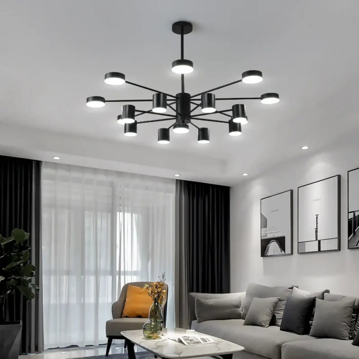 Lustre noir nordique à bras multiples, tailles S à XL
