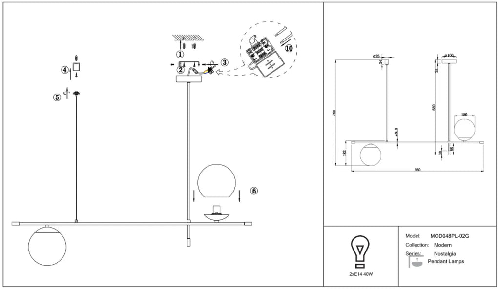 Suspension linéaire à globes opalins, barre noire et dorée, 95 cm