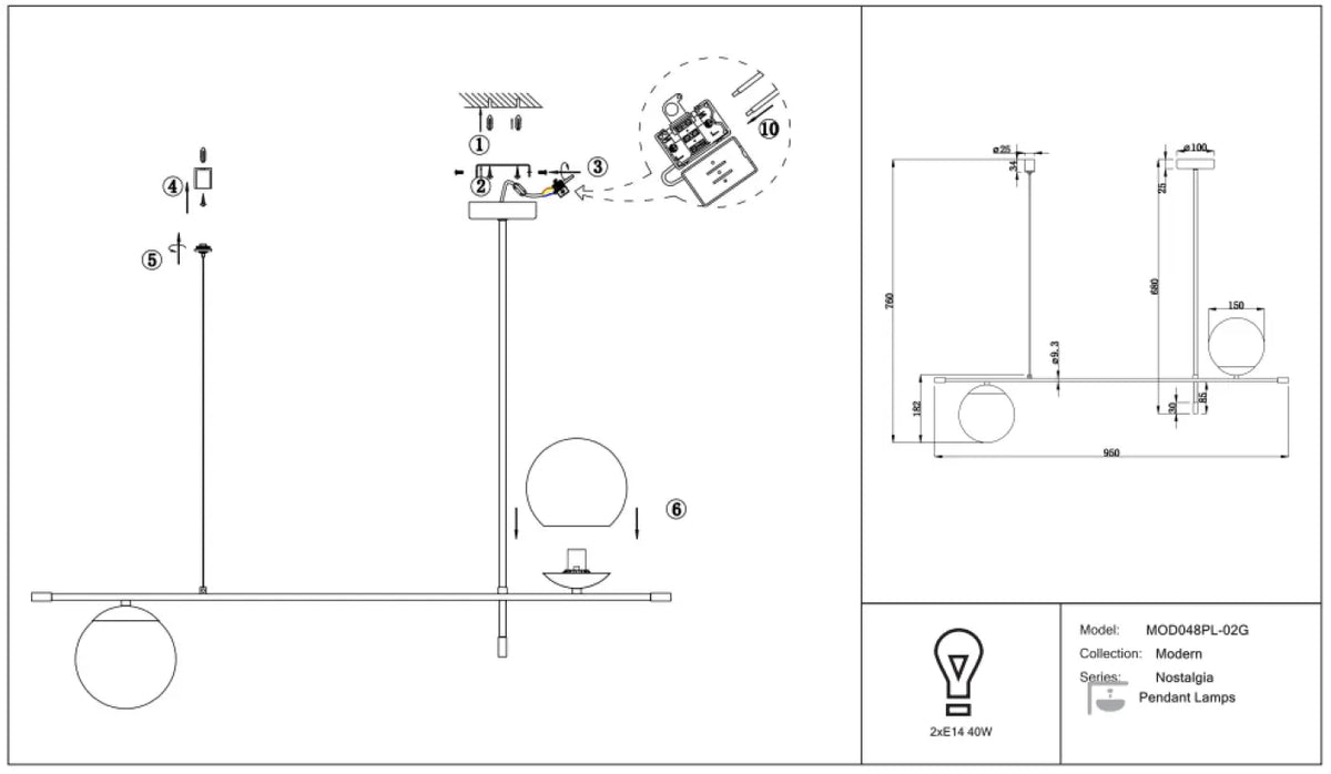 Suspension linéaire à globes opalins, barre noire et dorée, 95 cm