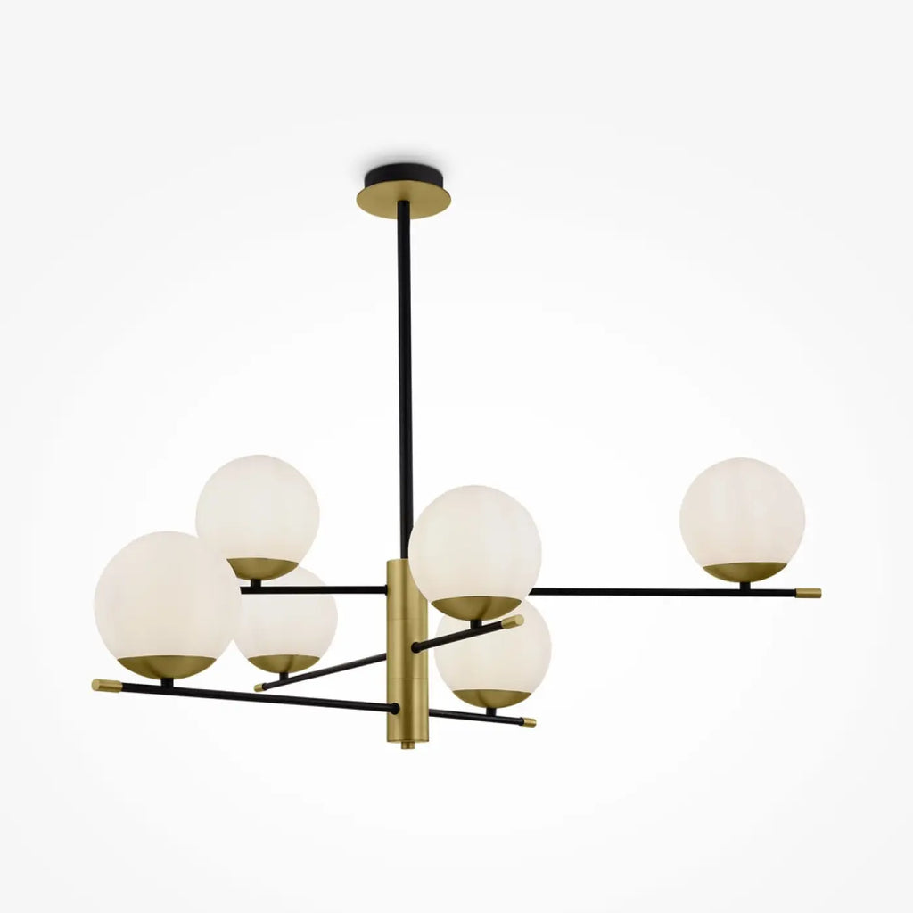 Suspension six globes opalins, acier noir et doré, 100 cm