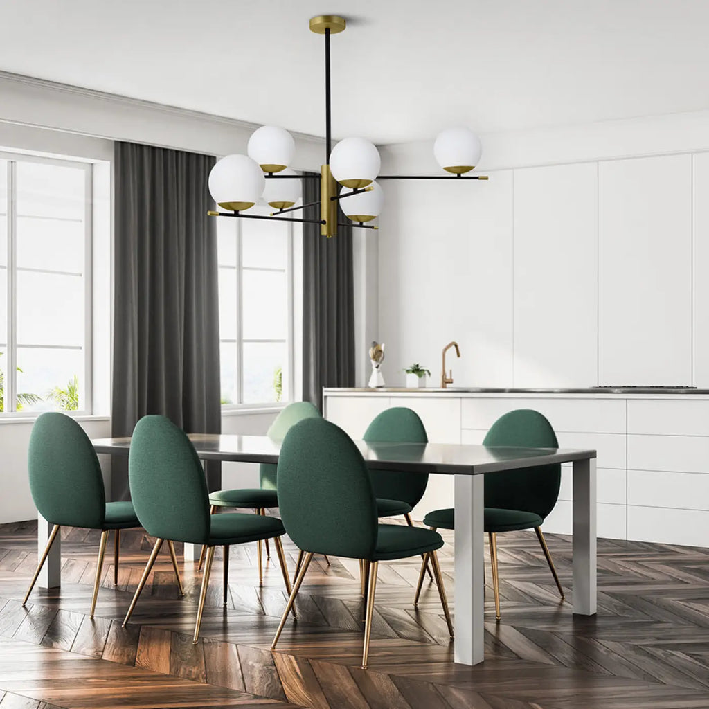 Suspension six globes opalins, acier noir et doré, 100 cm