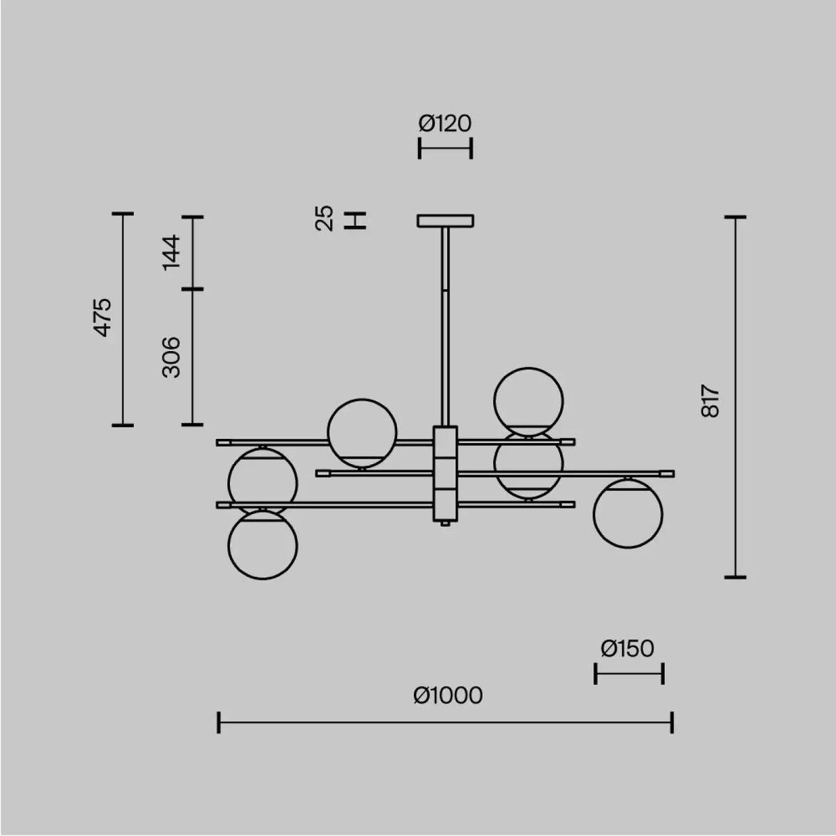 Suspension six globes opalins, acier noir et doré, 100 cm