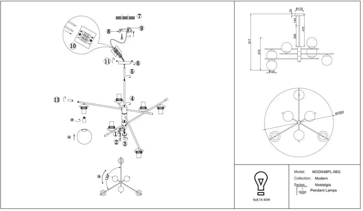 Suspension six globes opalins, acier noir et doré, 100 cm