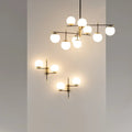 Grand lustre à neuf globes opalins, 131,5 cm, acier noir et doré