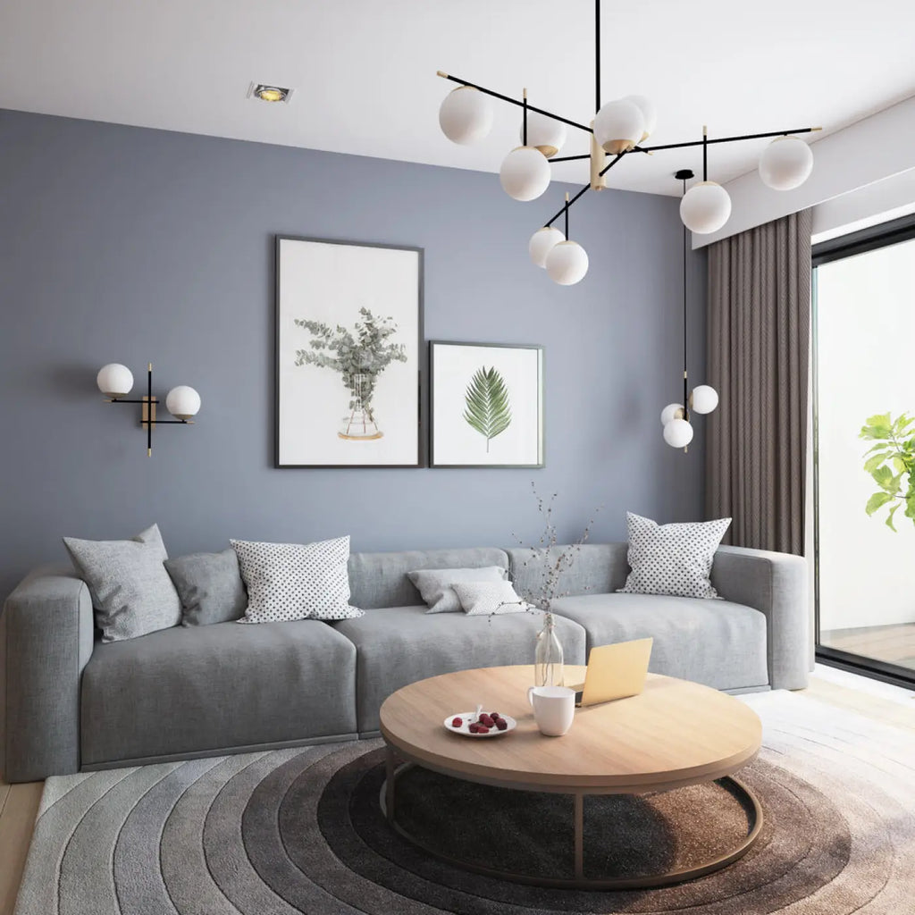 Grand lustre à neuf globes opalins, 131,5 cm, acier noir et doré