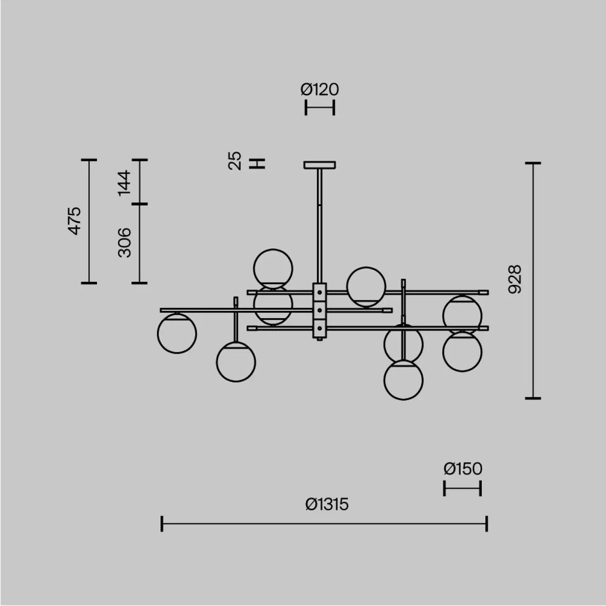 Grand lustre à neuf globes opalins, 131,5 cm, acier noir et doré