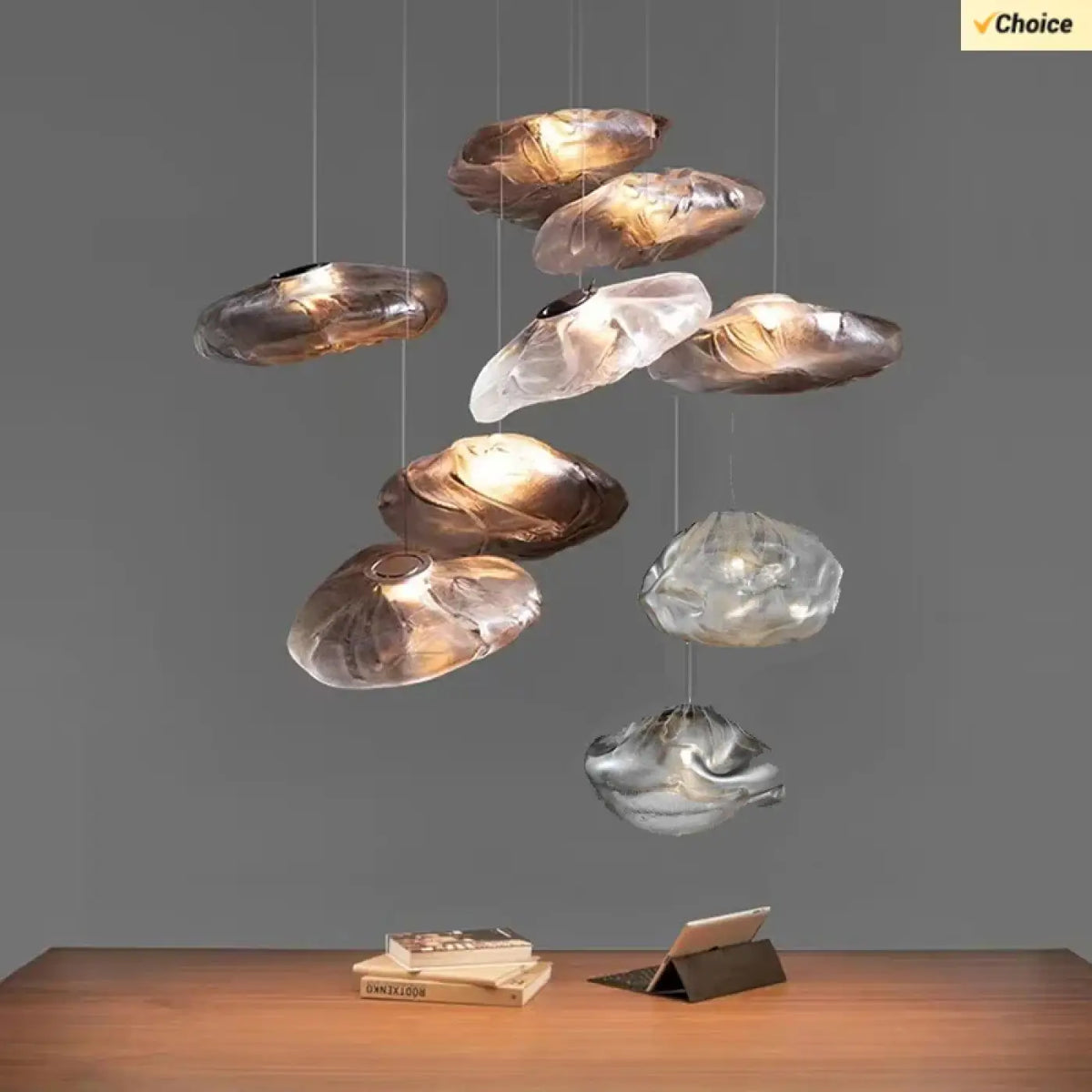 Suspension nuage en verre sculpté, gris, transparent ou ambre