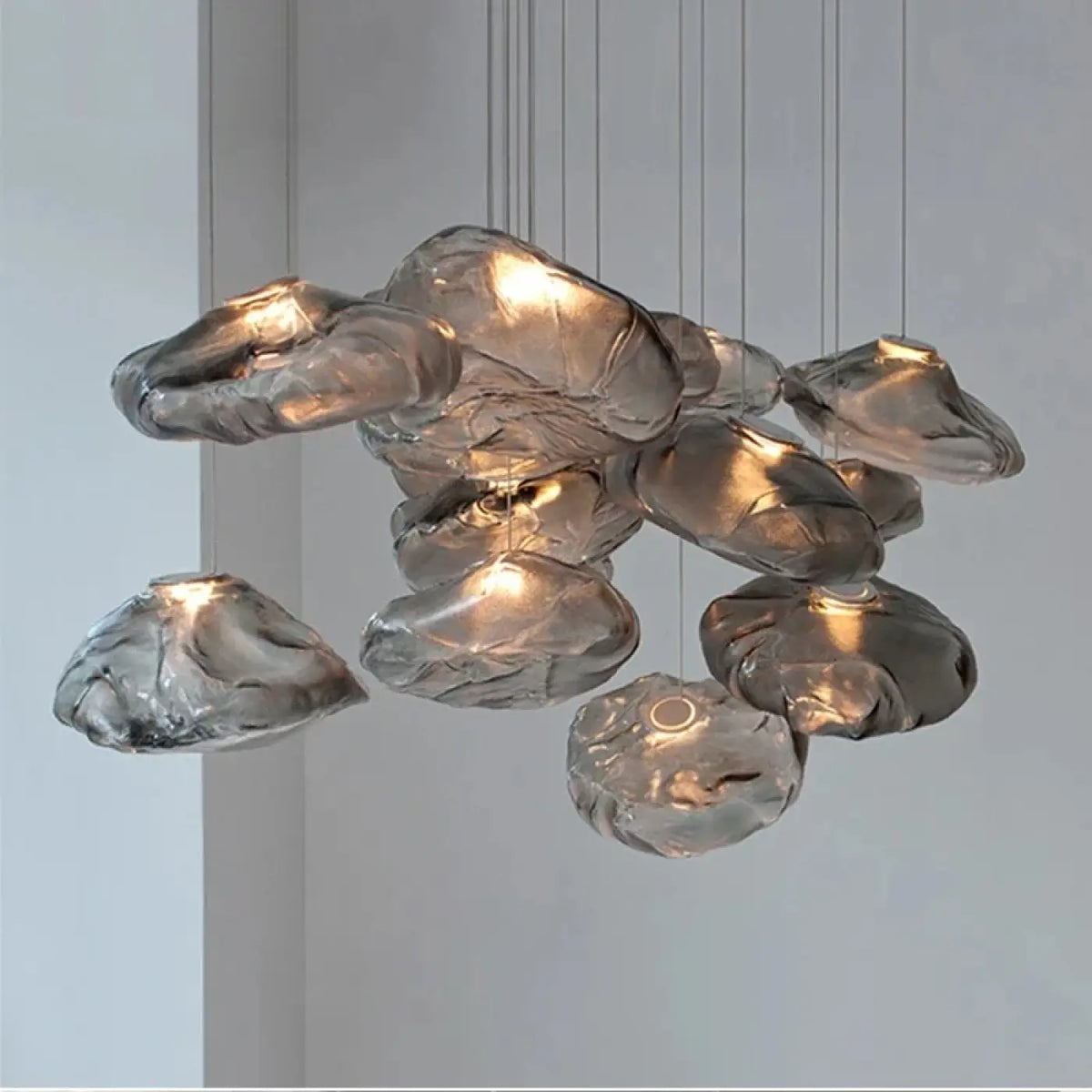Suspension nuage en verre sculpté, transparent, jaune ou gris
