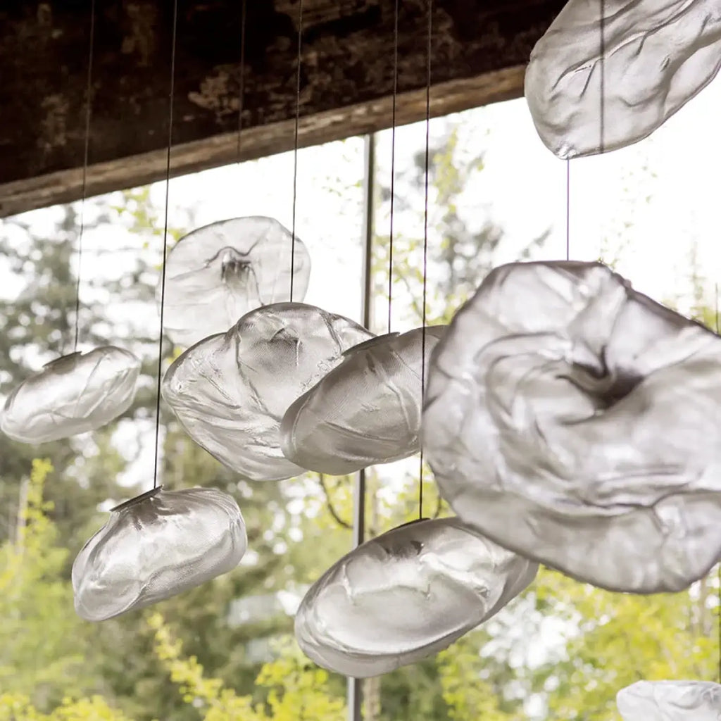 Suspension nuage en verre sculpté, transparent, jaune ou gris