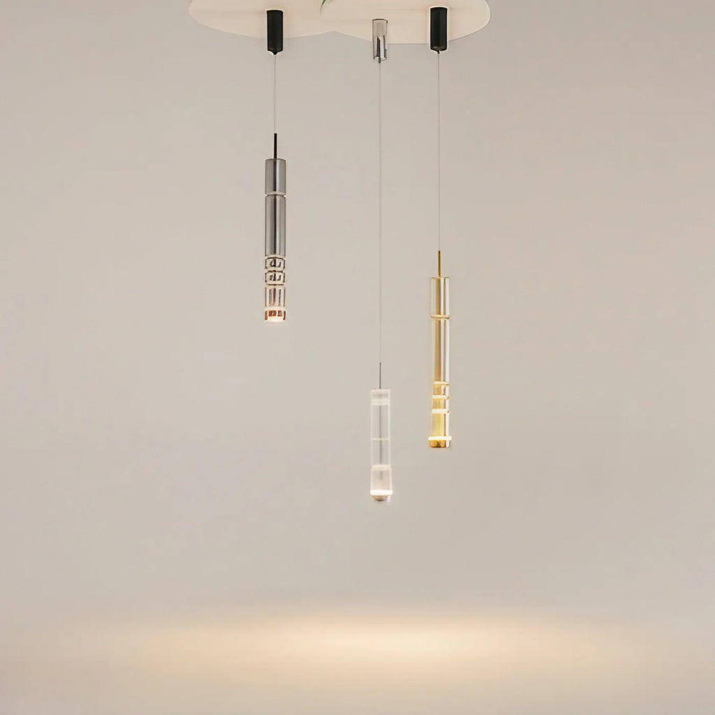 Suspension LED tube de verre teinté, fumé, doré ou argenté