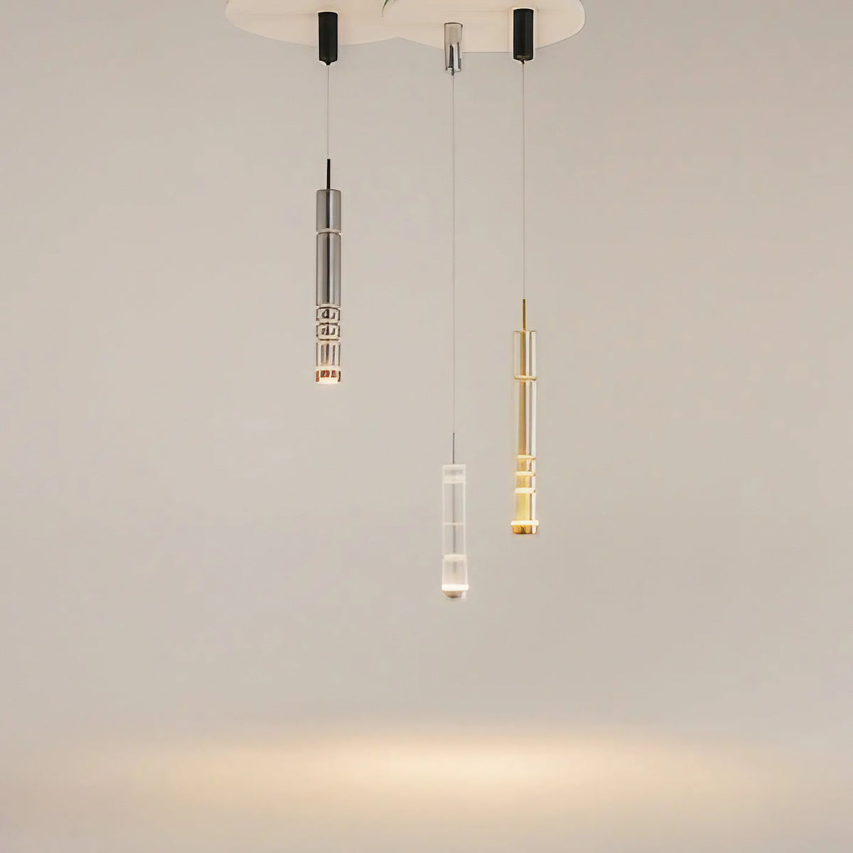 Suspension LED tube de verre teinté, fumé, doré ou argenté