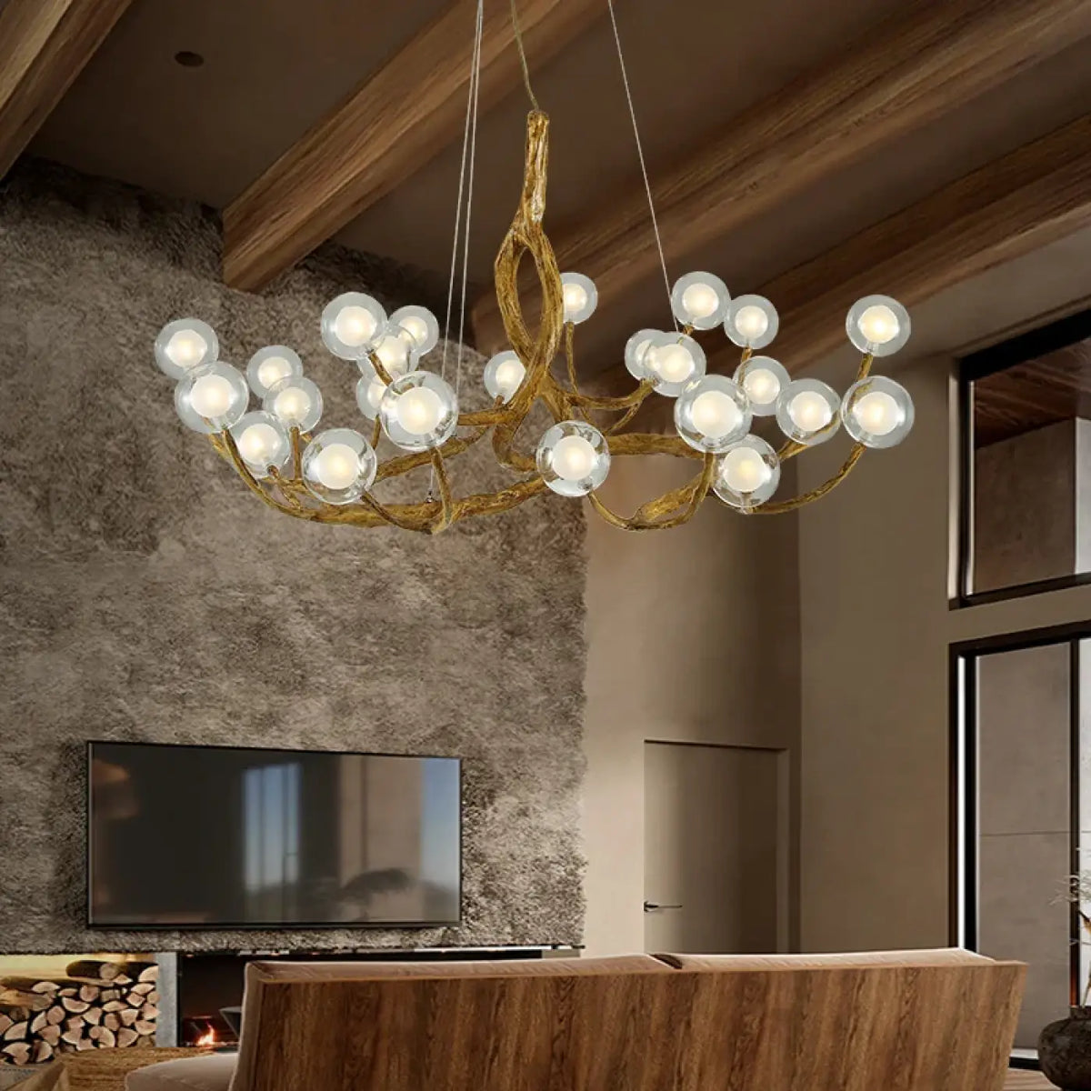 Suspension ramure dorée avec globes opales, tailles S à XL