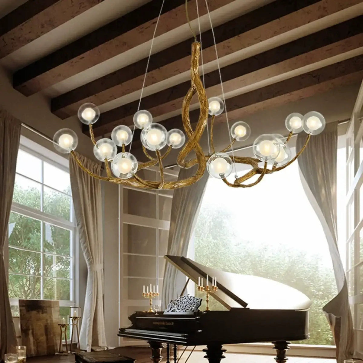 Suspension ramure dorée avec globes opales, tailles S à XL
