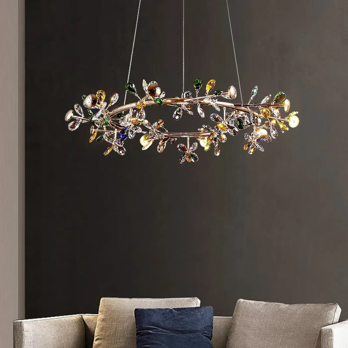 Suspension ovale en cristal multicolore, motif floral, cinq tailles