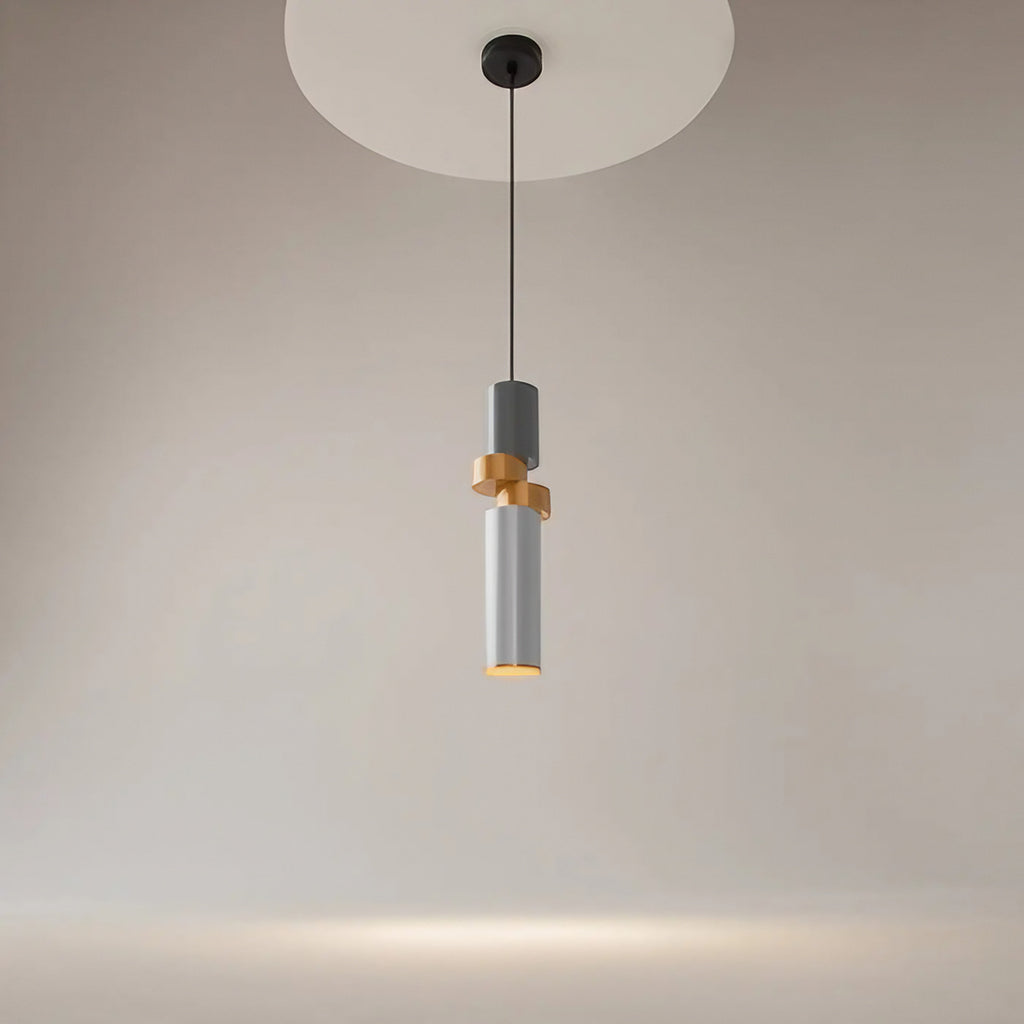 Suspension tube en verre gris et disque cuivré, culot GU10