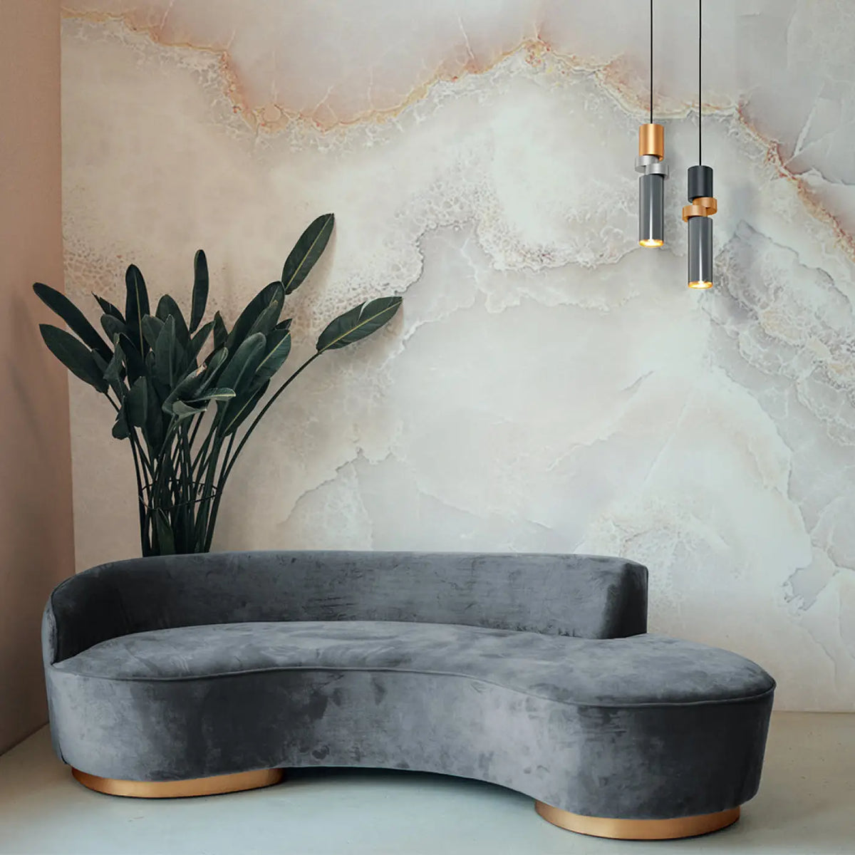 Suspension tube en verre gris et disque cuivré, culot GU10