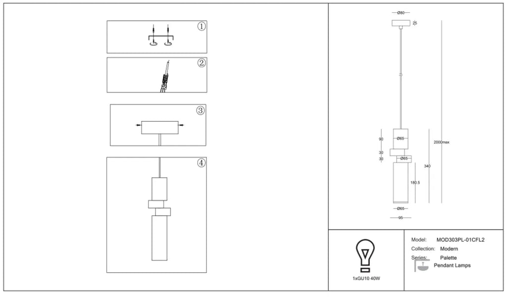 Suspension tube en verre gris et disque cuivré, culot GU10