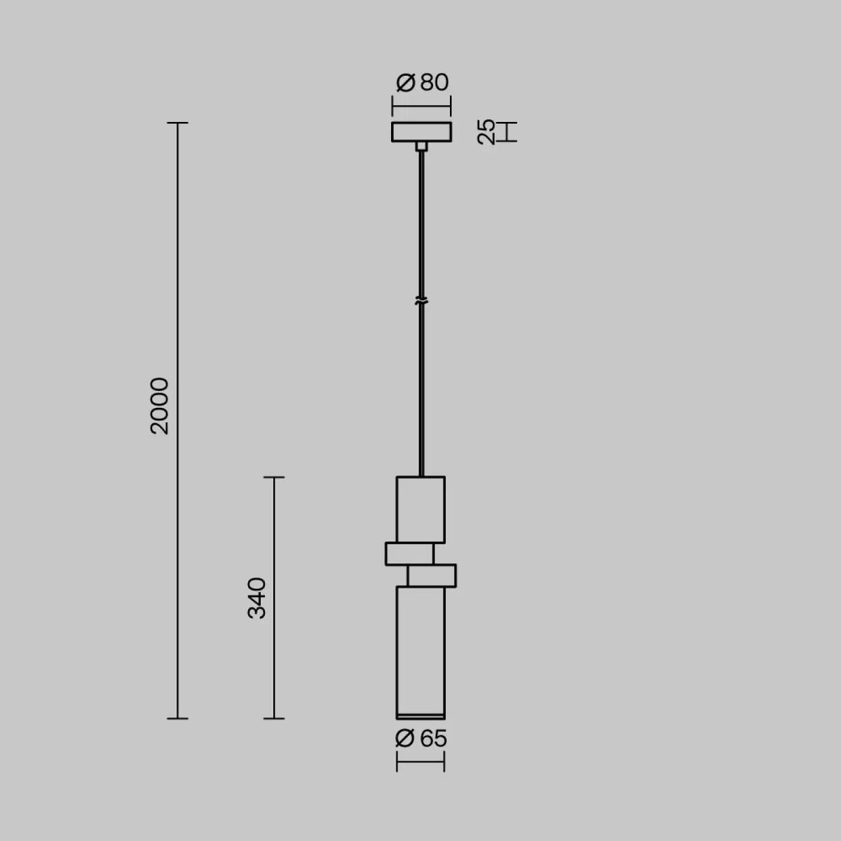 Suspension tube en verre gris et disque cuivré, culot GU10