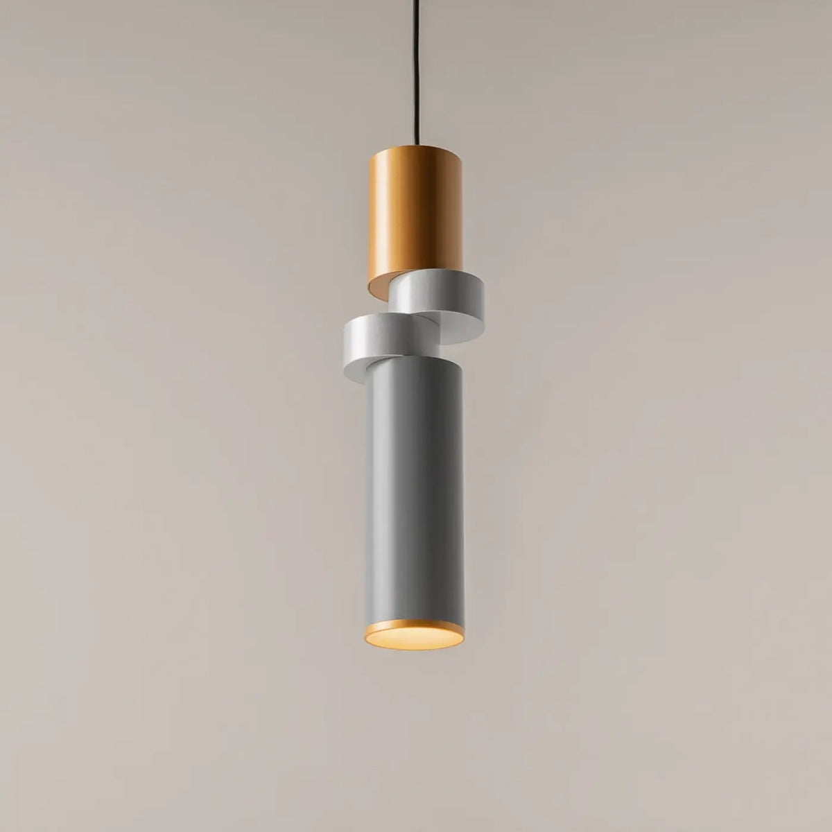 Suspension tube en verre gris et disque cuivré, culot GU10