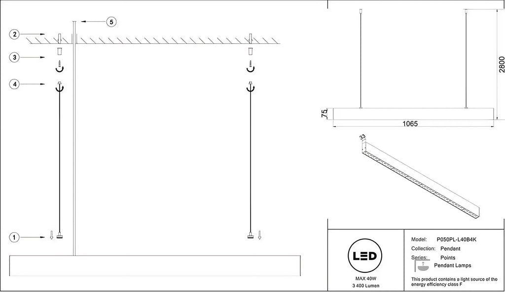 Suspension LED linéaire noire à points lumineux, 106,5 cm