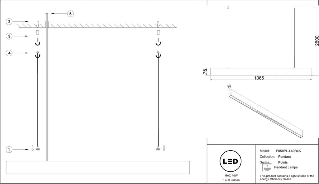 Suspension LED linéaire noire à points lumineux, 106,5 cm