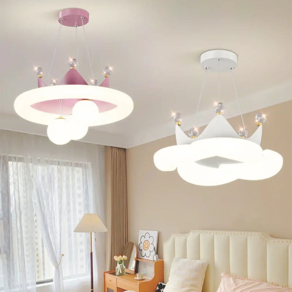 Suspension couronne de princesse LED, blanche ou rose, deux modèles