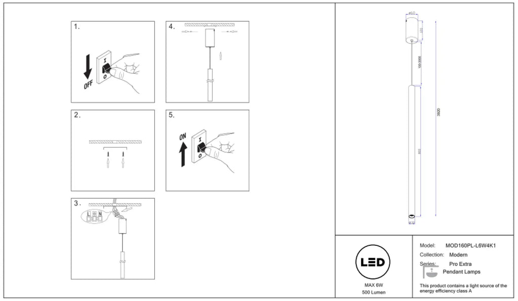 Suspension LED tube en aluminium de 3 cm, 40 ou 80 cm
