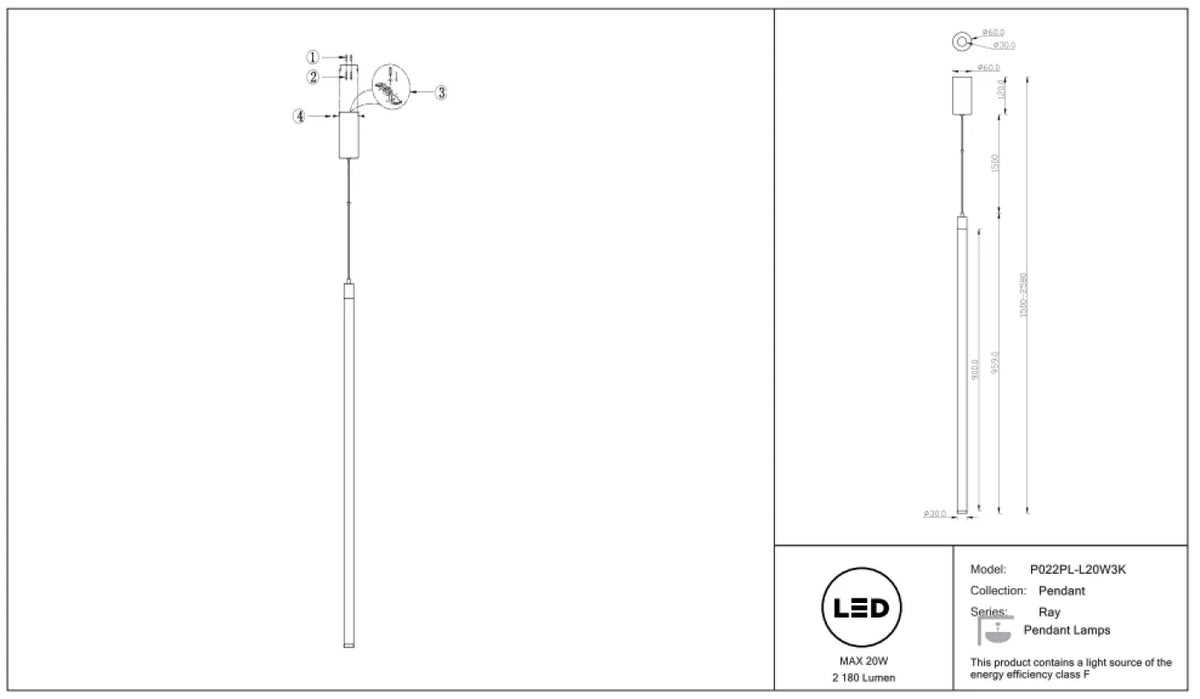 Suspension LED tube lumineux en acier, 45 ou 90 cm, blanc chaud