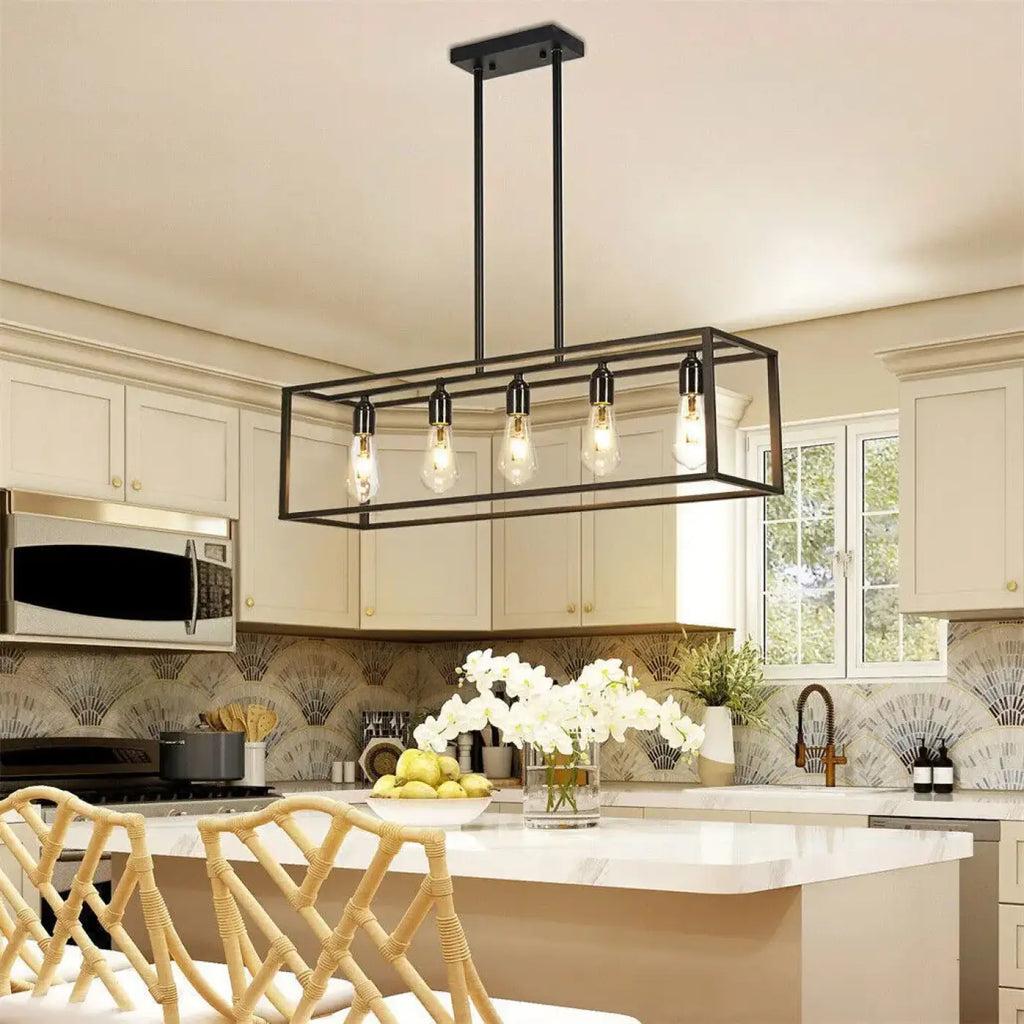 Suspension rectangulaire noire style loft, ampoules LED
