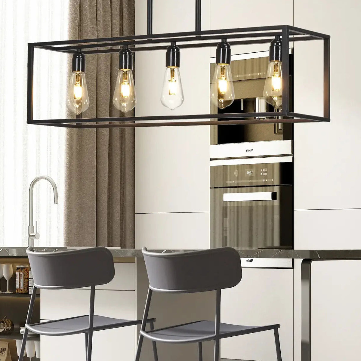 Suspension rectangulaire noire style loft, ampoules LED