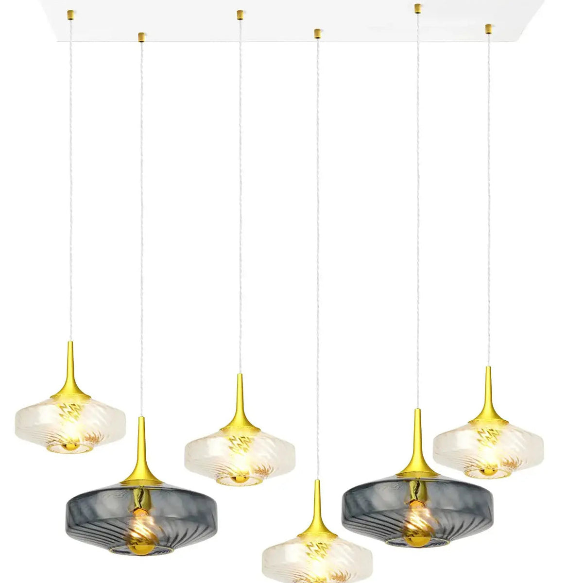 Suspension rosace 6 verrines en verre soufflé à reliefs, Art déco, blanc