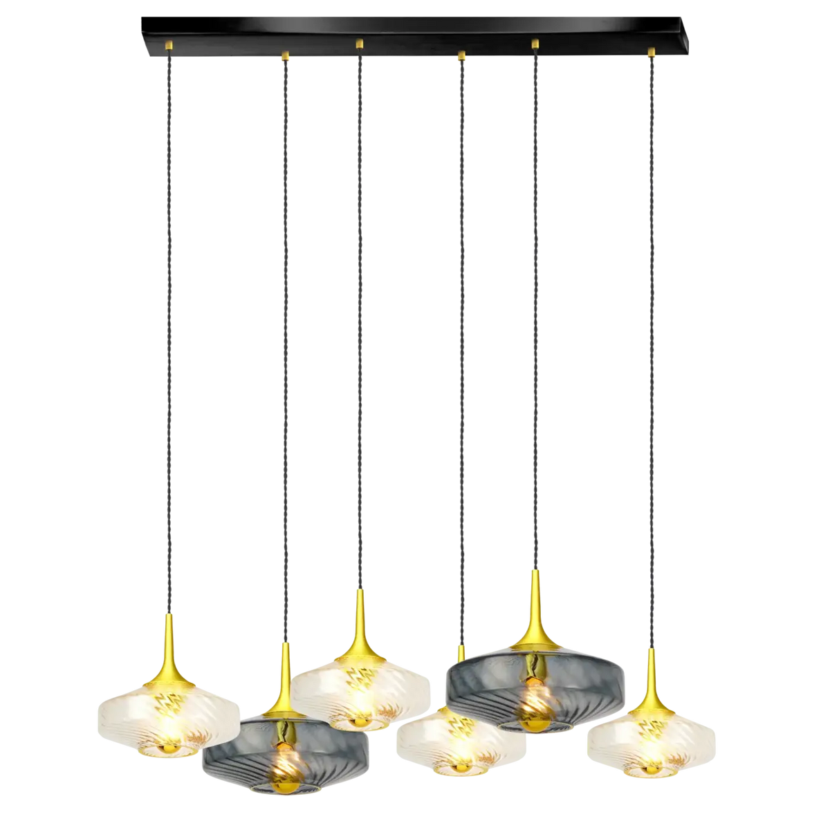 Suspension rosace 6 verrines en verre soufflé à reliefs, Art déco, noir