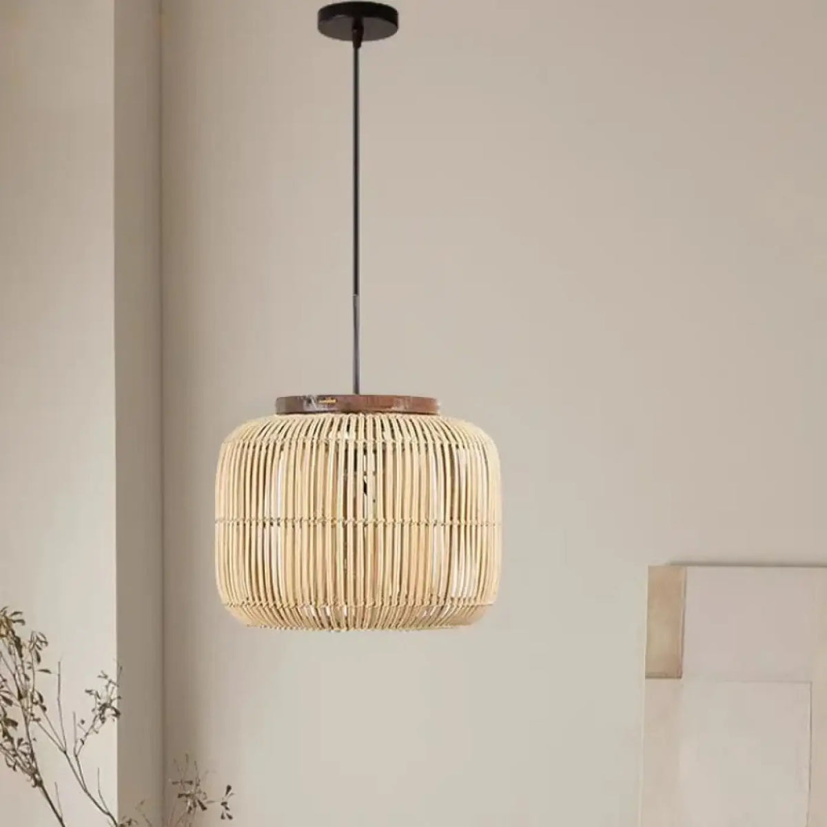 Suspension cylindrique en rotin, beige ou noir, trois tailles