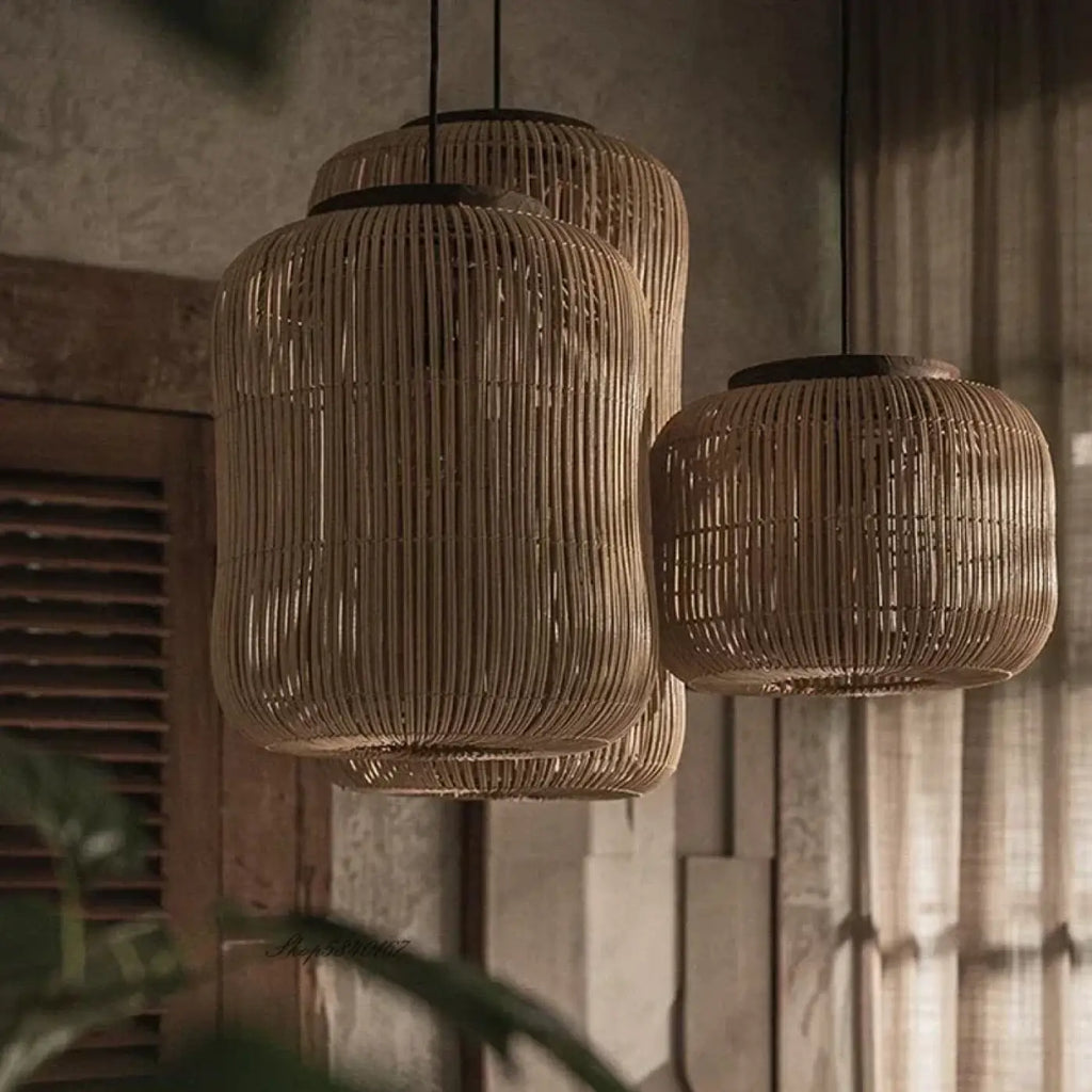 Suspension cylindrique en rotin, beige ou noir, trois tailles