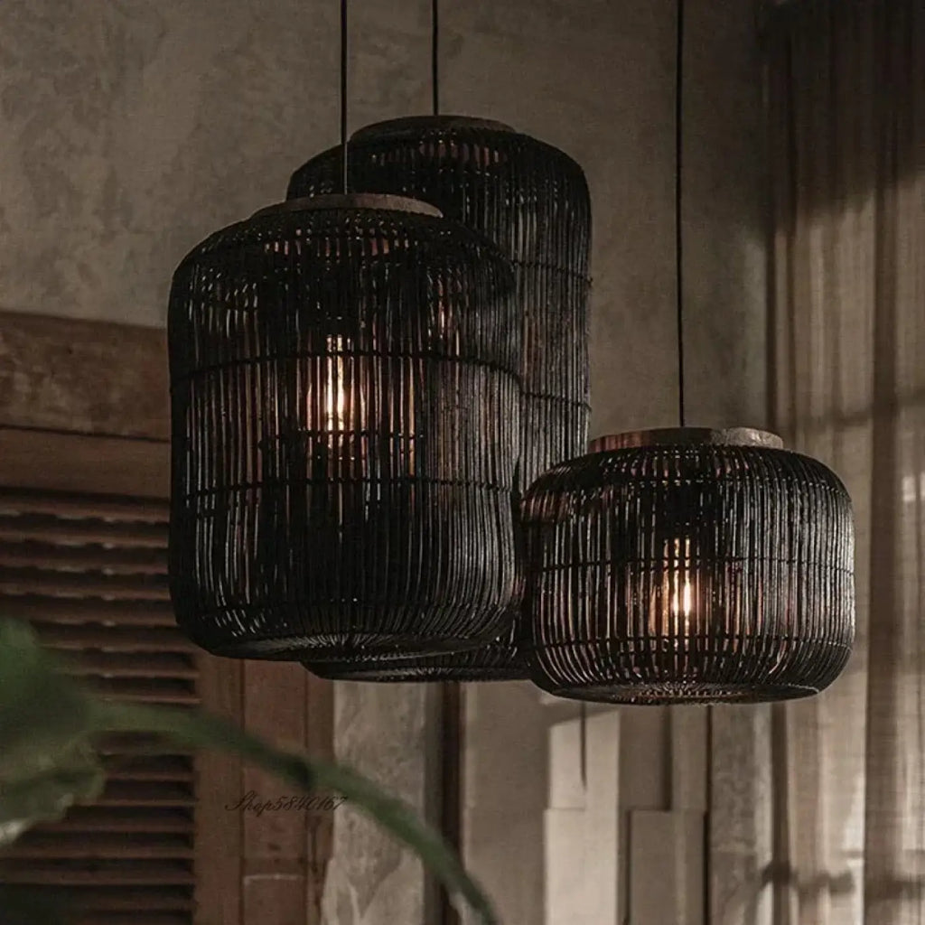 Suspension cylindrique en rotin, beige ou noir, trois tailles