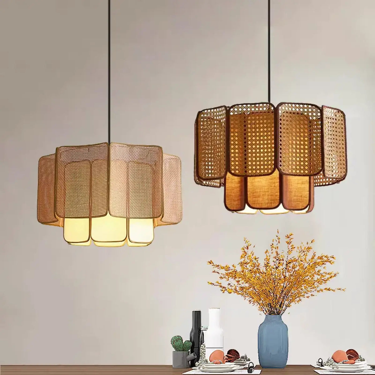 Suspension rotin bohème chic, marron ou jaune, tailles S à L
