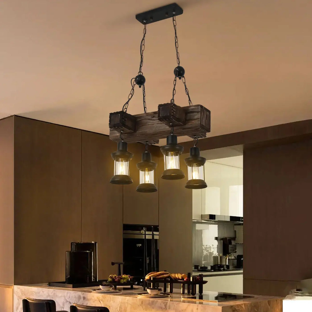 Suspension lanterne en bois, style rustique et industriel