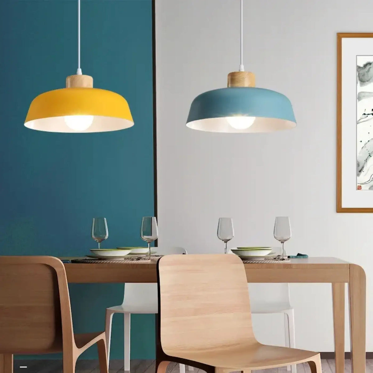 Suspension scandinave en métal et bois naturel, six coloris, bleu
