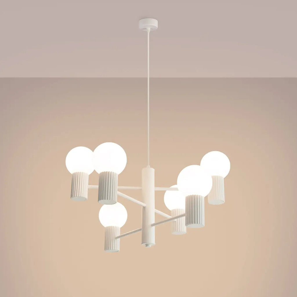 Suspension 6 globes en verre opalin, cols cannelés, 10 coloris