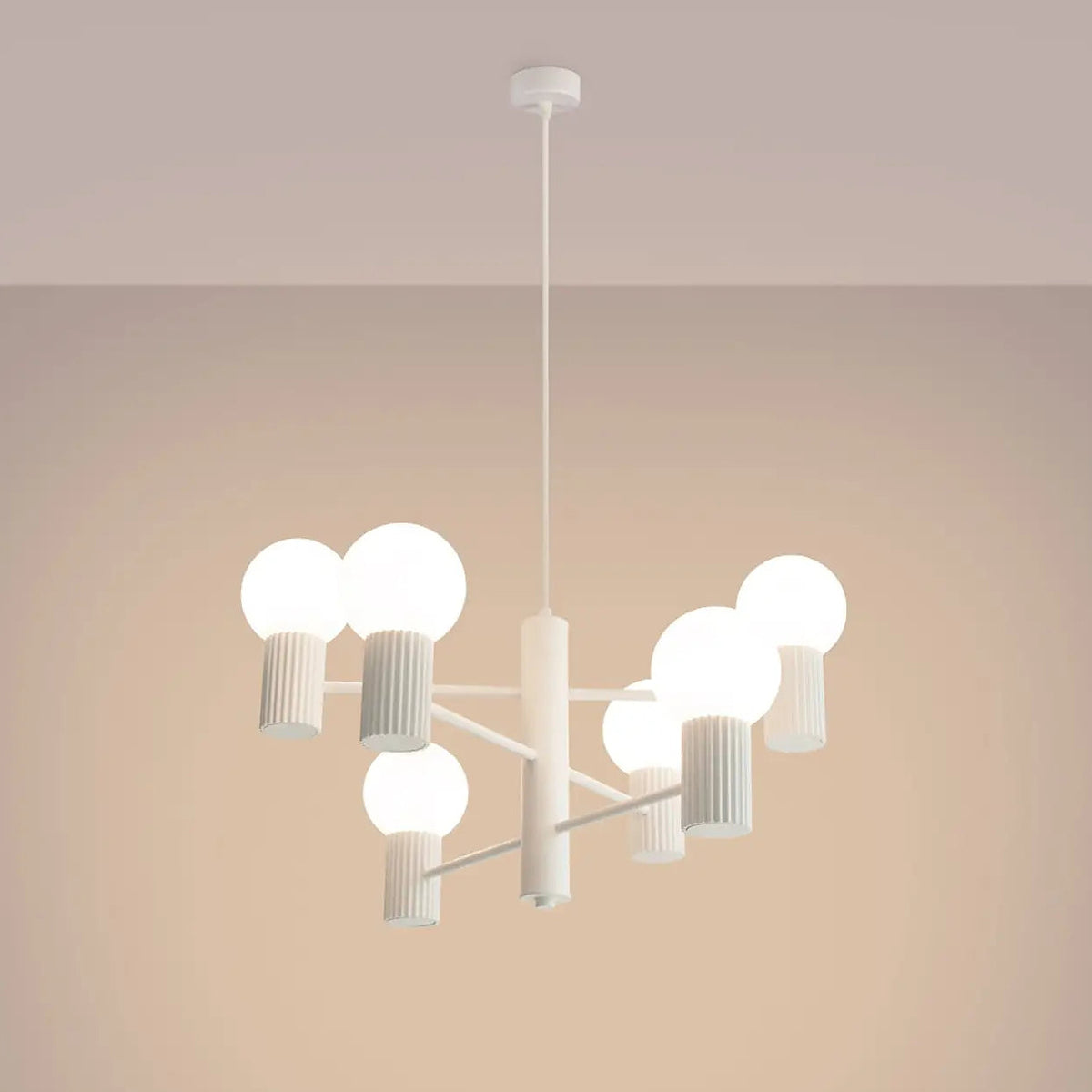 Suspension 6 globes en verre opalin, cols cannelés, 10 coloris