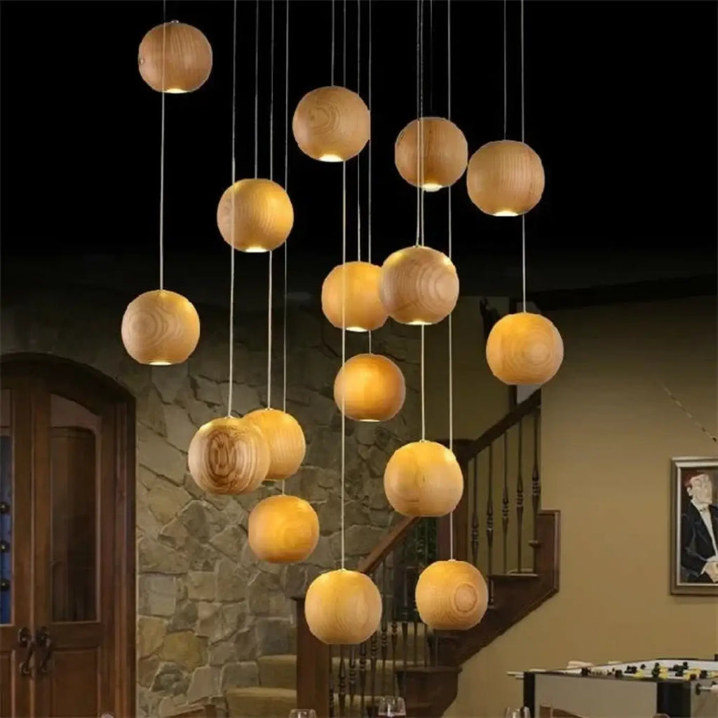 Suspension sphères en bois naturel, quatre tailles S à XL