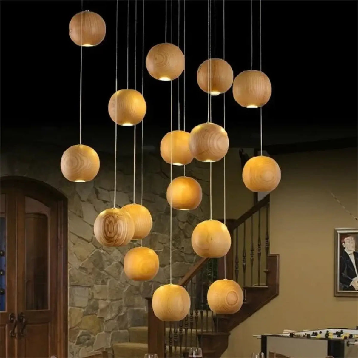 Suspension sphères en bois naturel, quatre tailles S à XL