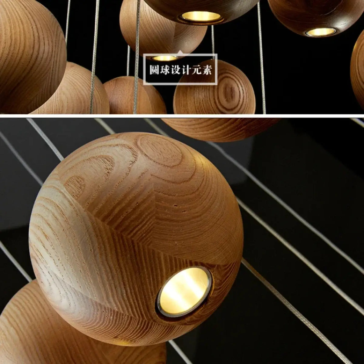 Suspension sphères en bois naturel, quatre tailles S à XL