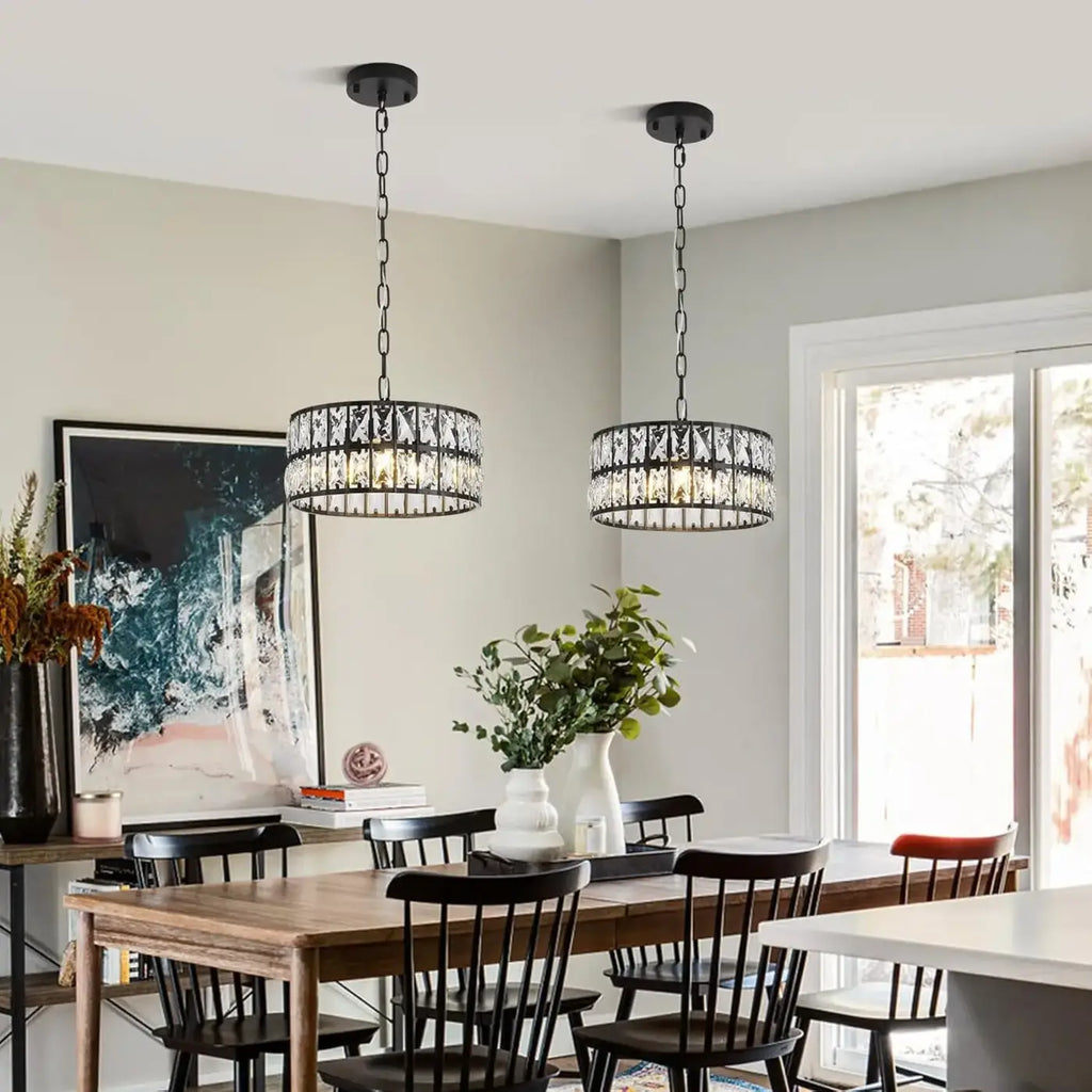 Suspension tambour noir à cristaux, esprit art déco