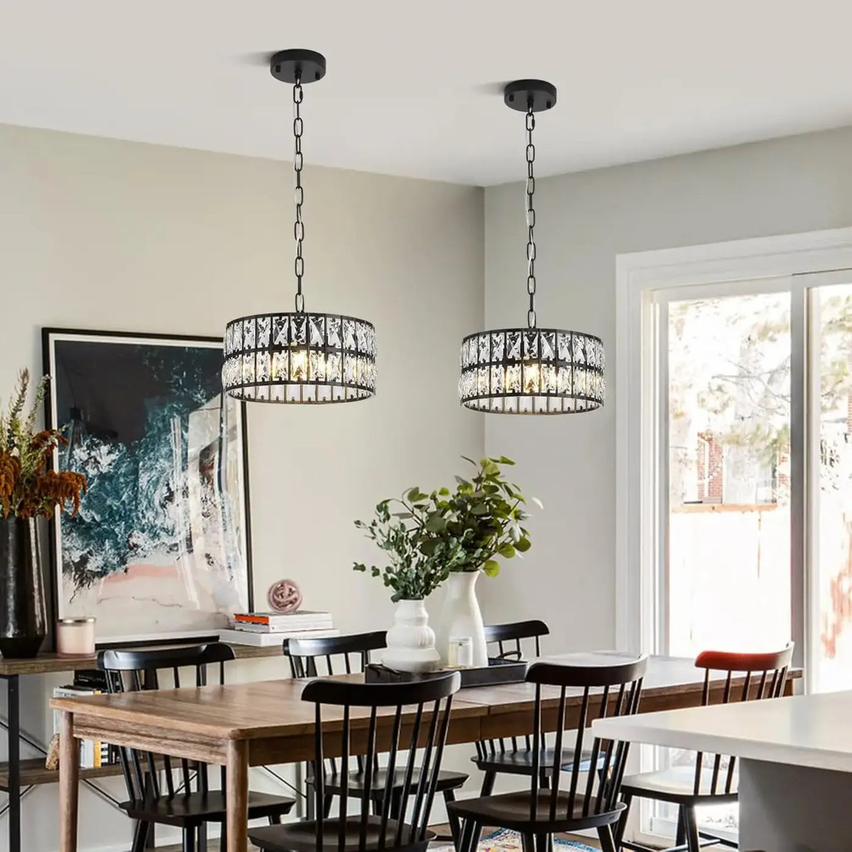 Suspension tambour noir à cristaux, esprit art déco