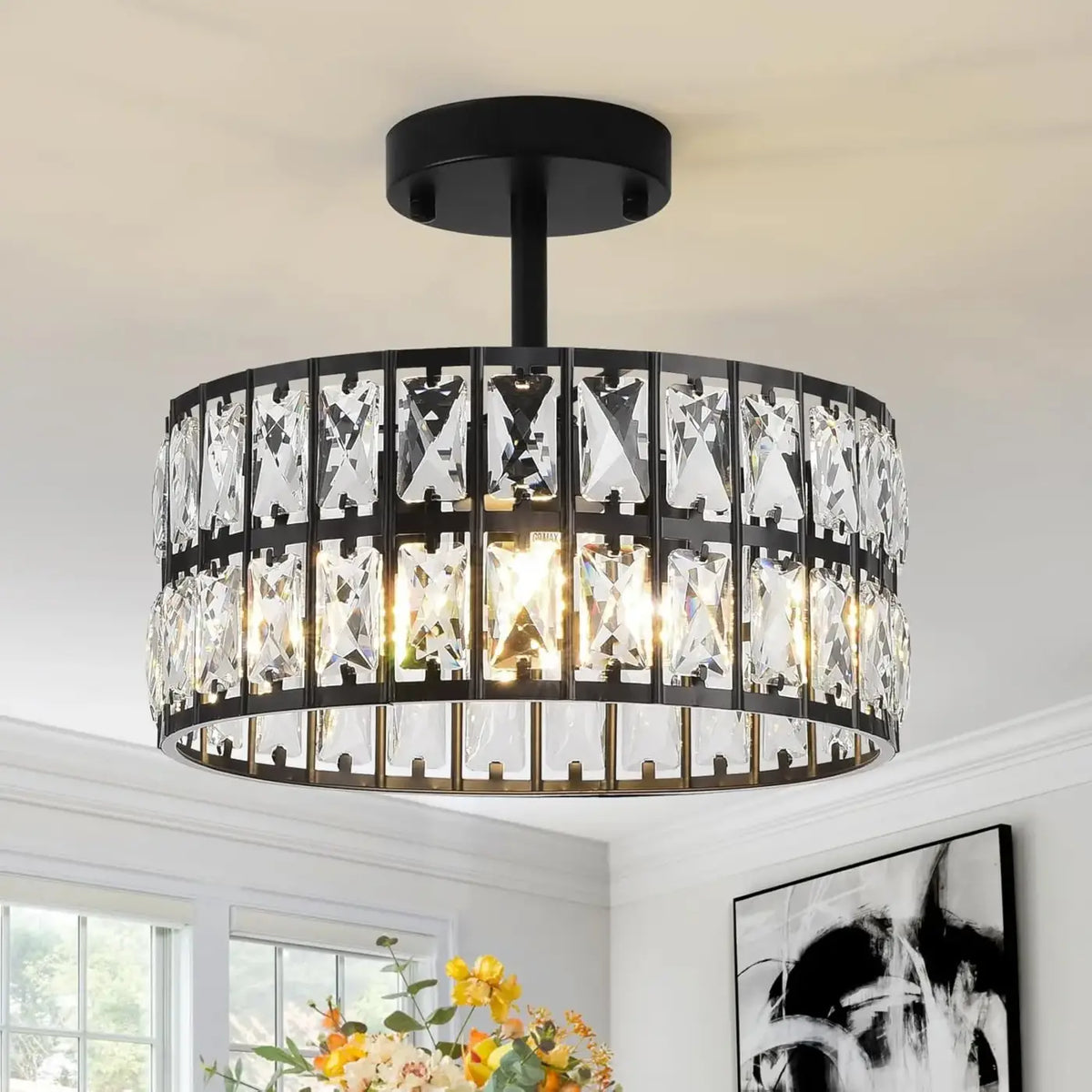 Suspension tambour noir à cristaux, esprit art déco