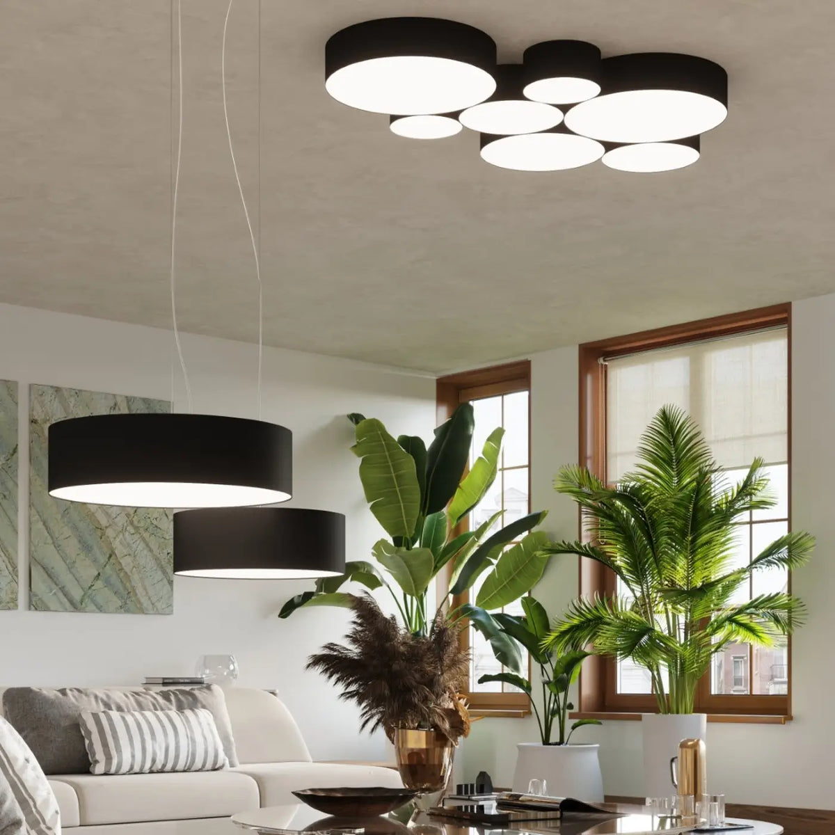 Suspension tambour plat, 35 ou 45 cm, 2 ou 3 ampoules, blanc ou noir