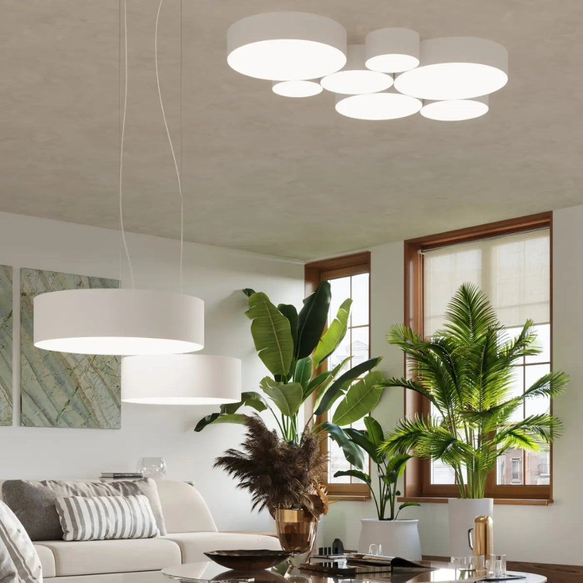 Suspension tambour plat, 35 ou 45 cm, 2 ou 3 ampoules, blanc ou noir
