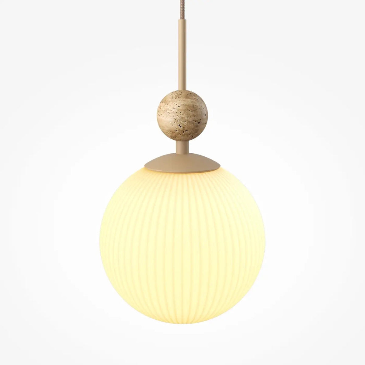 Suspension globe en verre sur base en pierre travertin